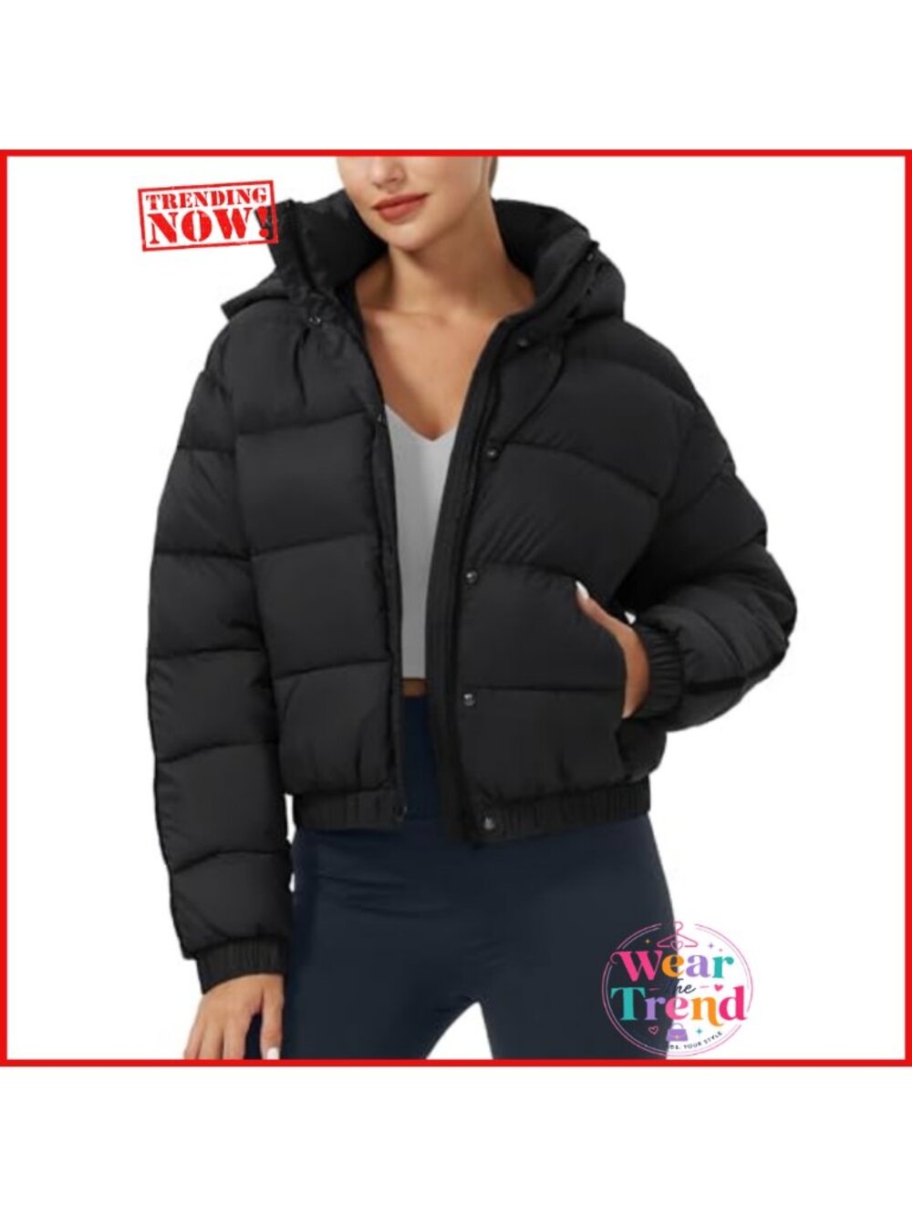 Cropped Puffer Jacket Hooded Waterproof Quilted Winter Coat